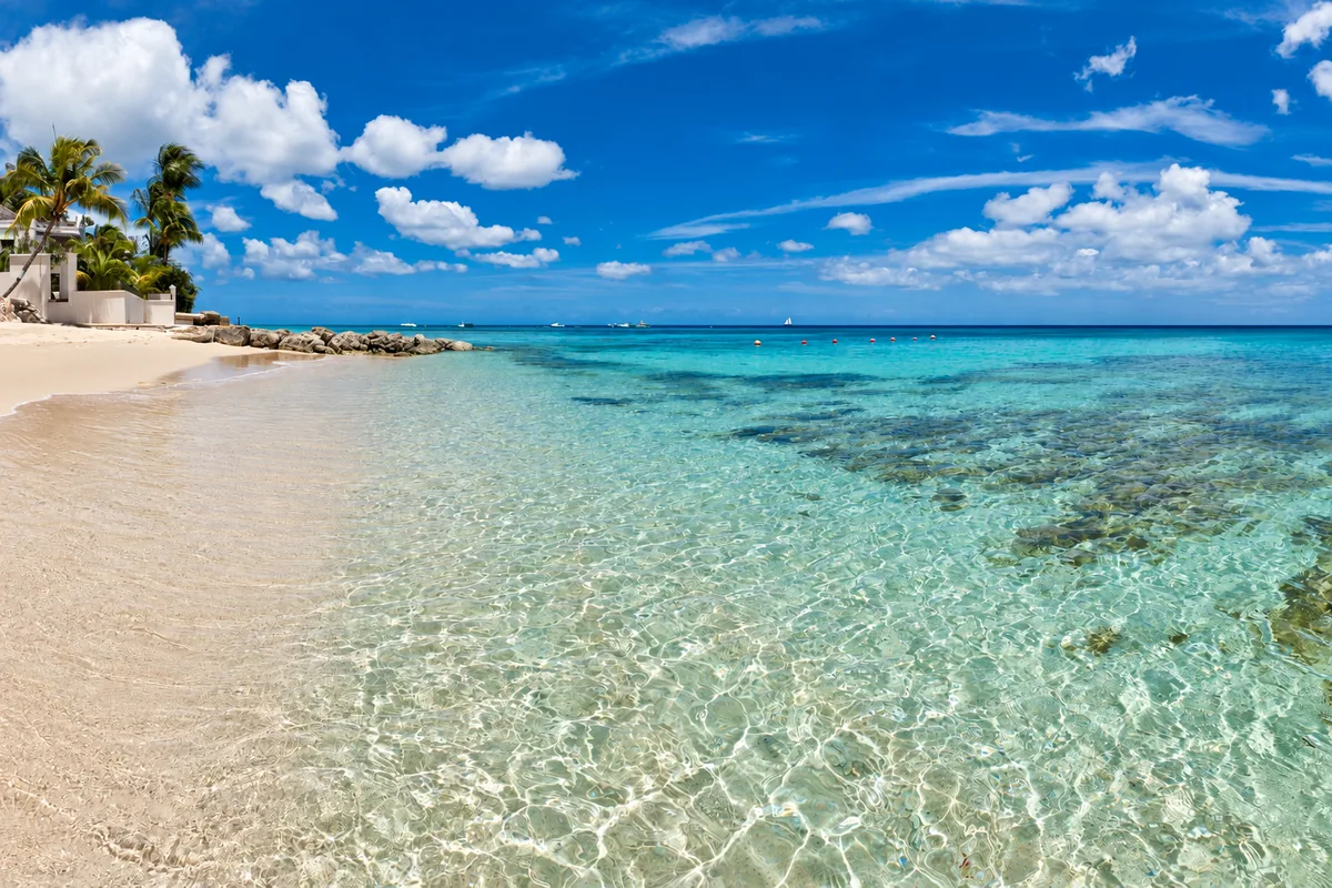 Clear shallow turquoise water on a sandy beach in Barbados