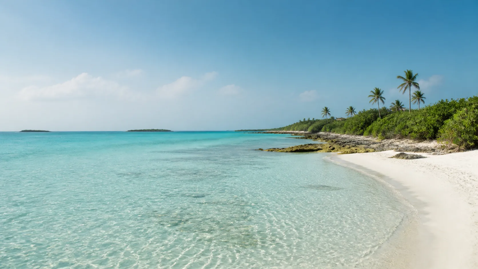 AI-generated illustration: Flat Bahamian-inspired cay with pale sand and clear shallow aquamarine water.