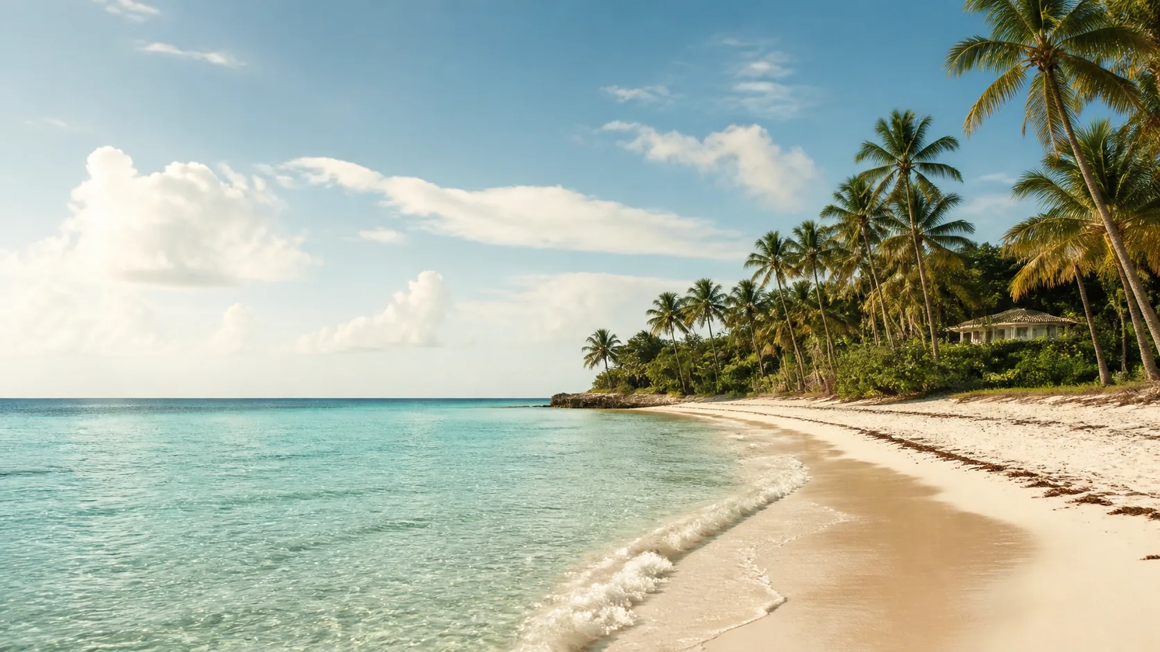 AI-generated illustration: Dominican Republic-inspired pale sand shoreline and coconut groves.