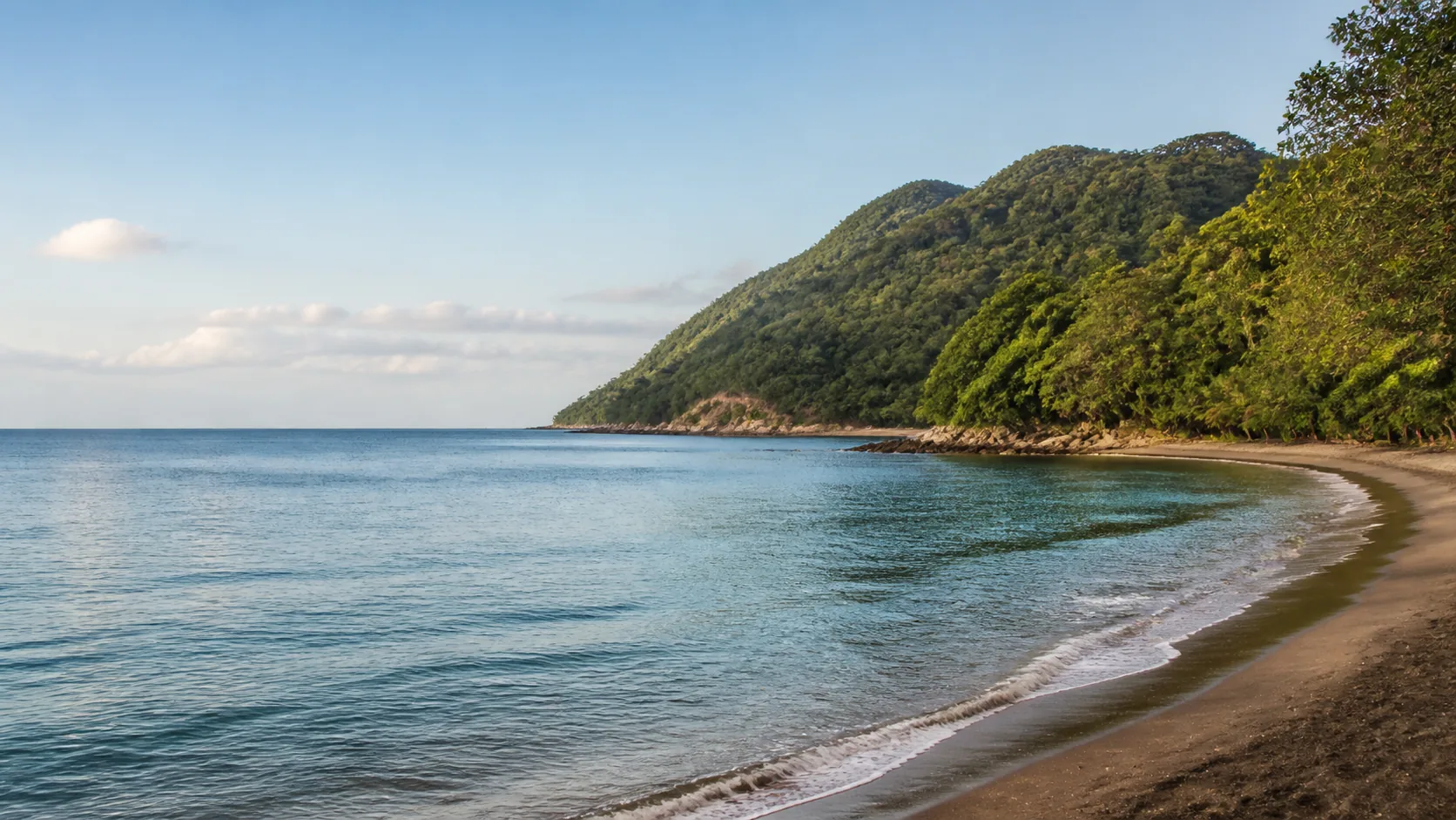 AI-generated illustration: Saint Lucia-inspired dark sand cove beneath rounded forested volcanic hills.
