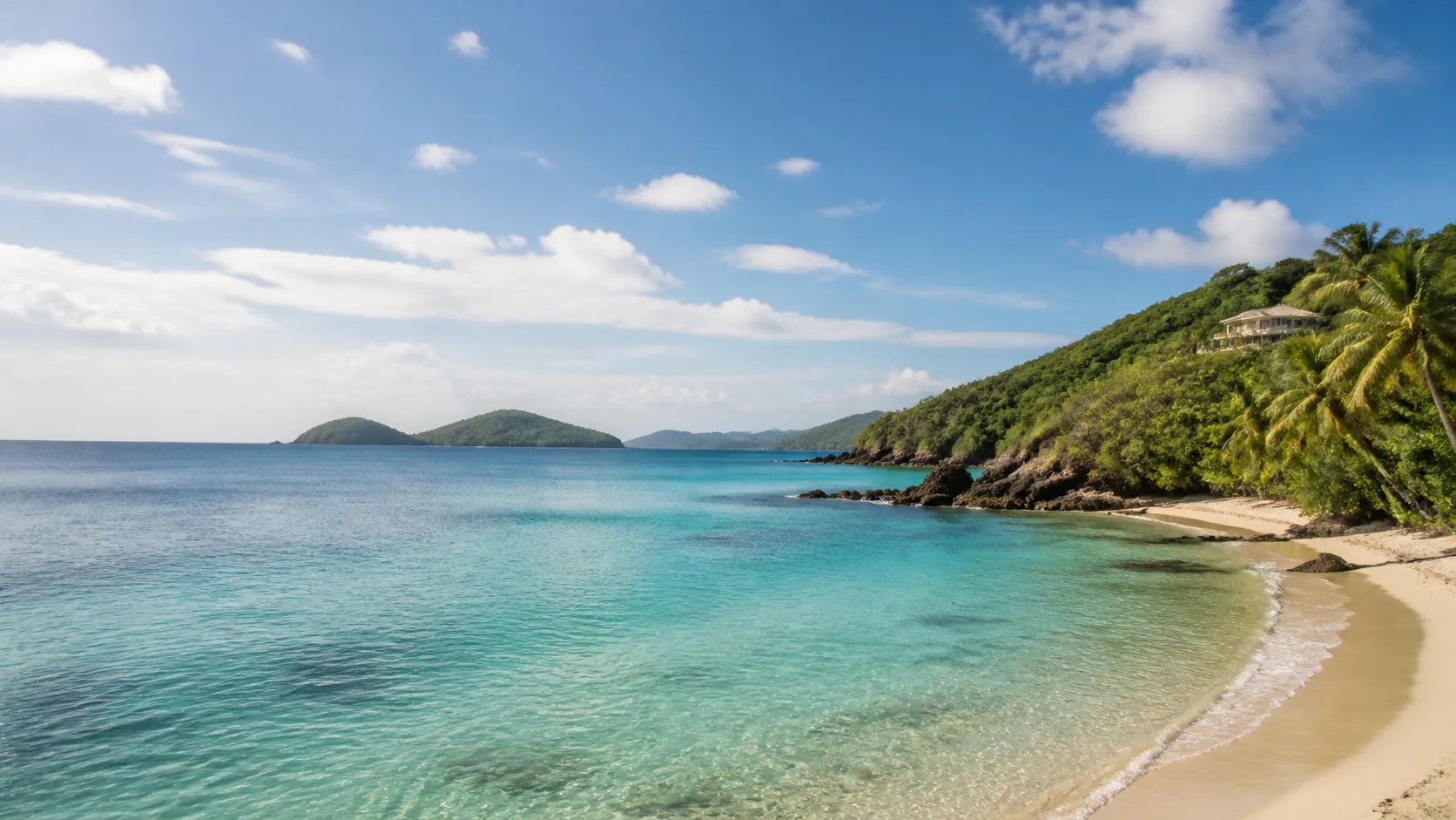 AI-generated illustration: St Thomas-inspired clear bay with rounded hills and offshore islands.