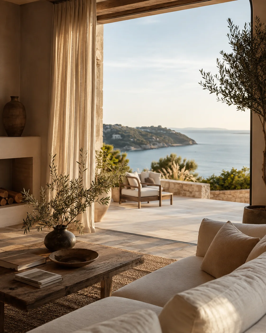 A refined villa living space opening onto a private terrace
